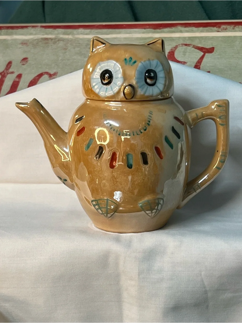 Kitschy Orange Lustreware Owl Teapot